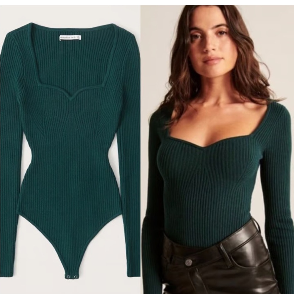 Abercrombie & Fitch Forest Green Ribbed Bodysuit With Sweetheart Neckline